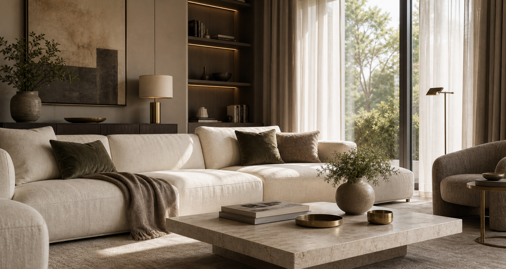 Helles Wohnzimmer mit cremefarbenem Sofa und Messingdetails