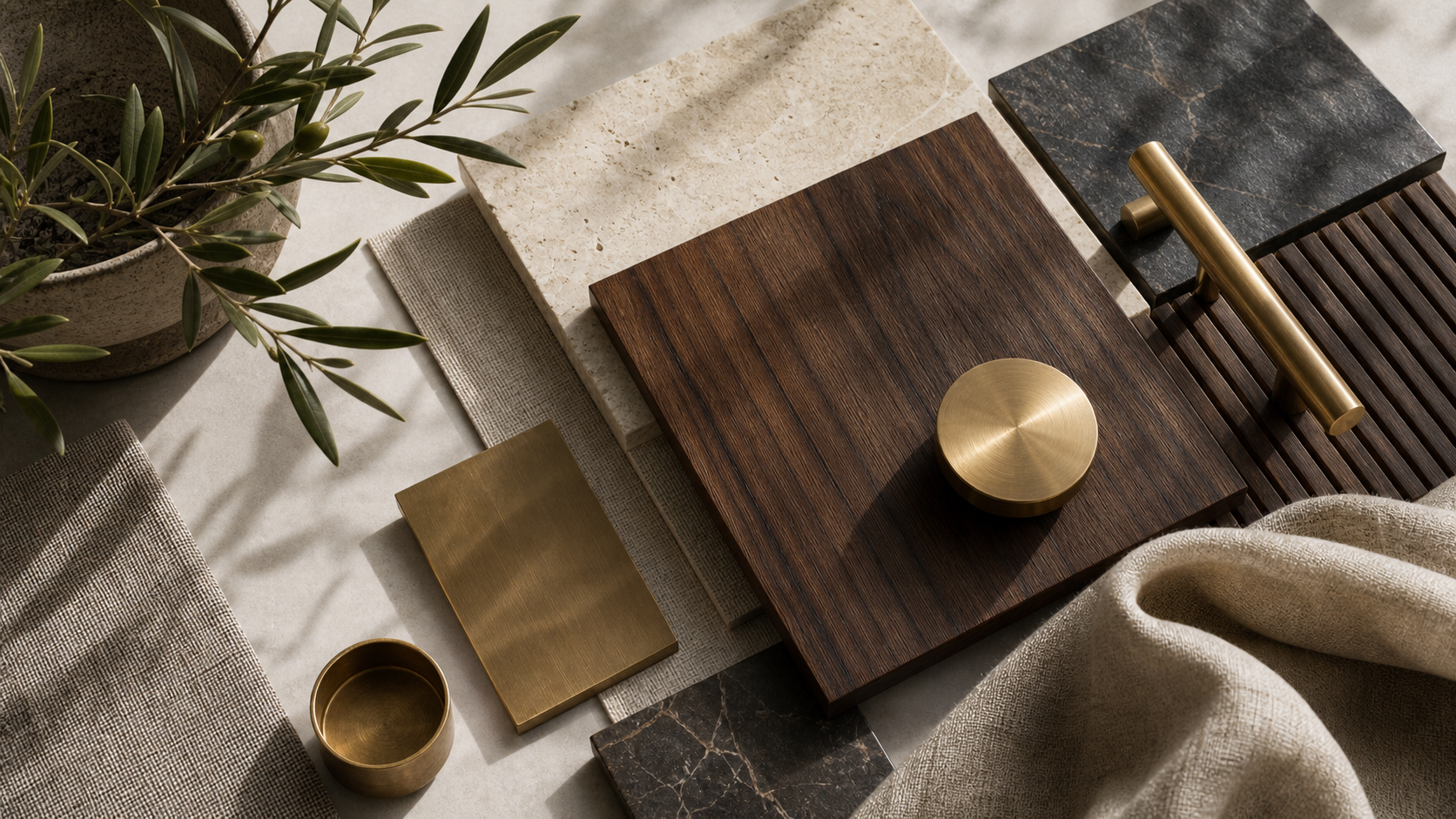 Materialien Flatlay mit Holz, Stein und Messing